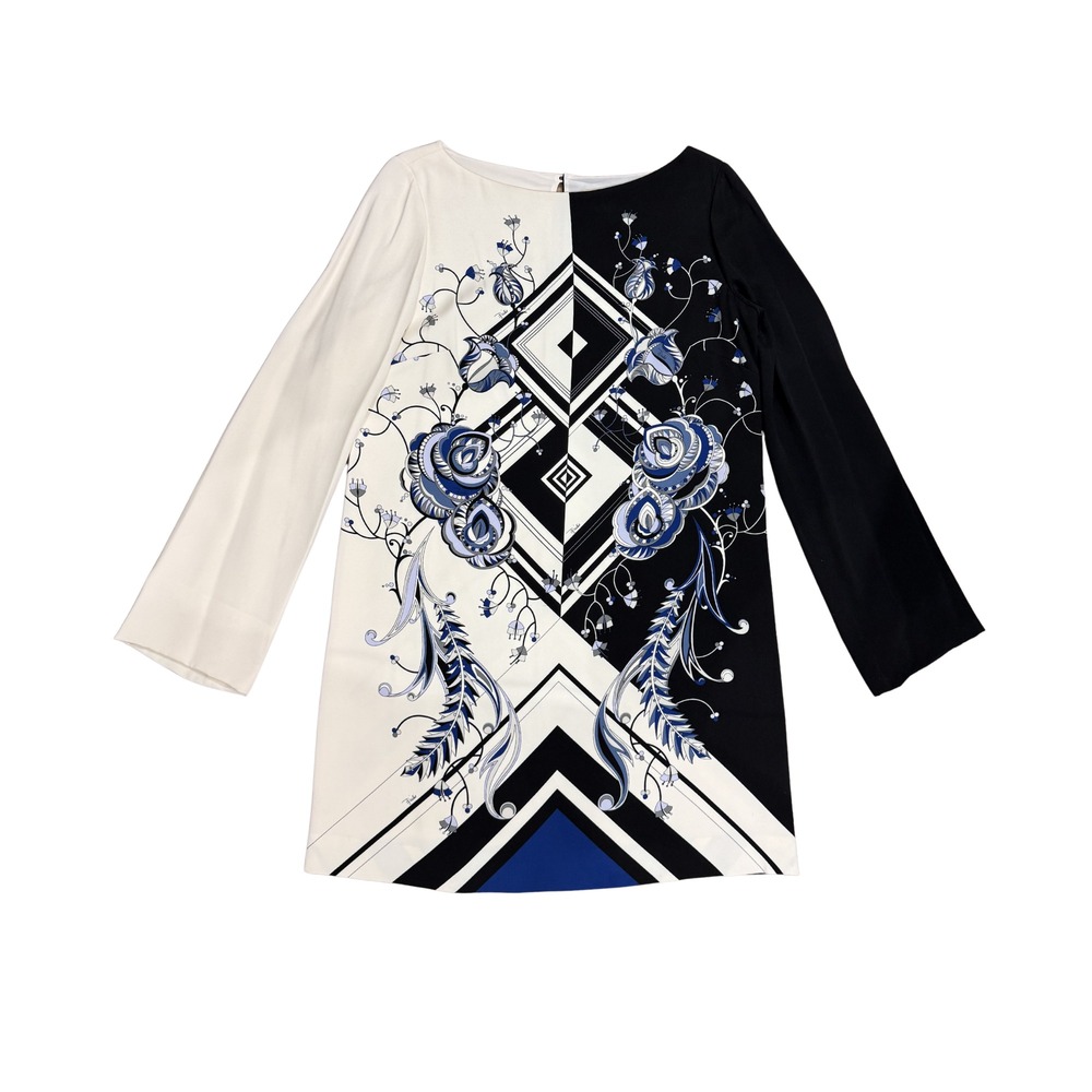 Emilio Pucci Black Blue Cream Silk Geometric Printed Long Sleeve Shift Dress